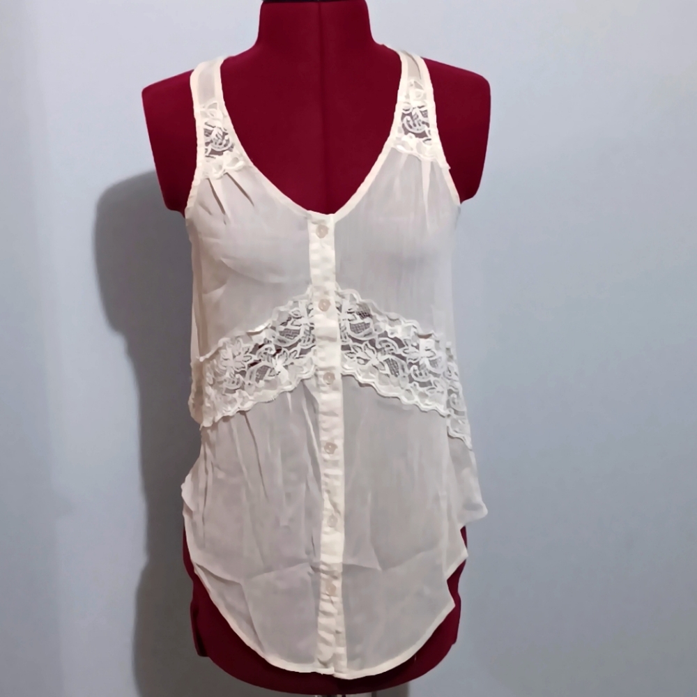 Vintage Y2K Boho Fairy Ethereal Sheer Button Up Racerback Tank size‎ Small